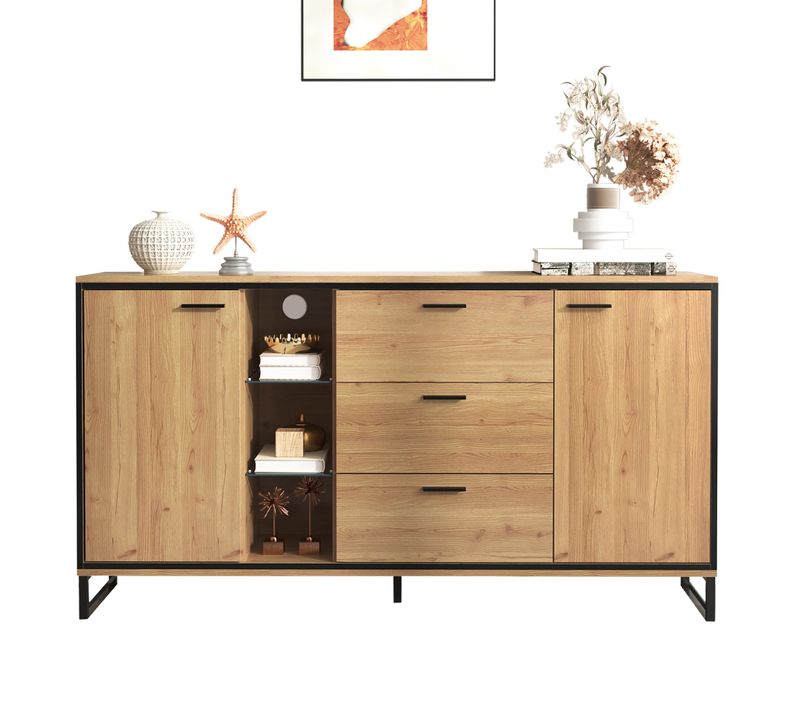Buffet Bois Mdf 117x40x80 Cm Avec 3 Tiroirs, étagères Ouvertes, Bois Et Noir