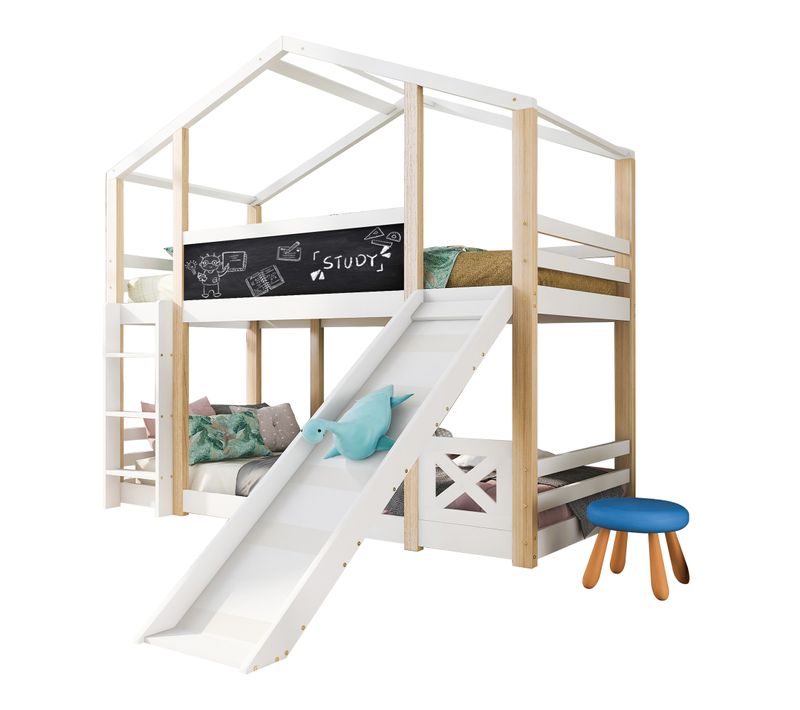 Lit Cabane 90x200 Cm Avec Toboggan Et échelle 2 Sommiers Pin Naturel Et Blanc