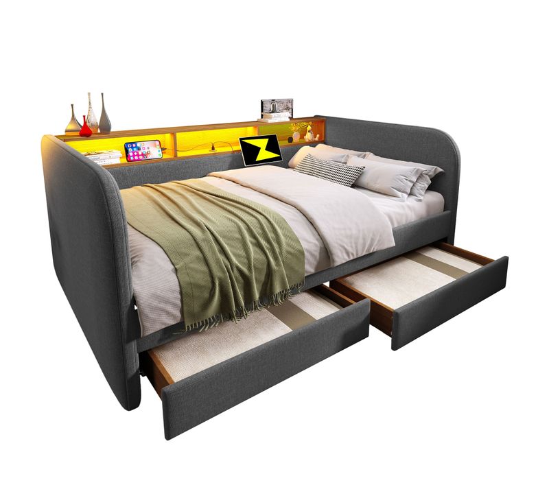 Lit Banquette Tapissée 140x190 Cm LED USB-c 2 Tiroirs Tête De Lit Rangement Gris