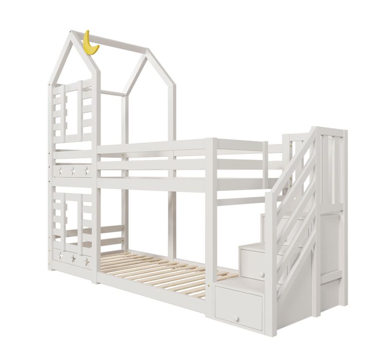Lit Cabane Extensible Bois Mdf 90x200 Avec Tiroirs Escalier Barrière Naturel Blanc