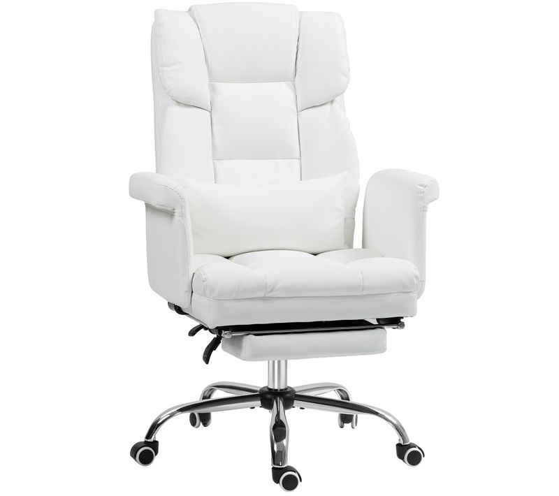 Chaise De Bureau En Simili Cuir, Inclinable, Avec Repose-pieds Et Coussin Lombaire, Blanche
