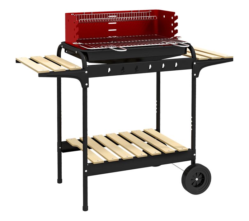 Grill Bbq En Métal, Smoker Avec Roues, Grille Ajustable En Hauteur, Étagère En Bois, 103x47x95 Cm