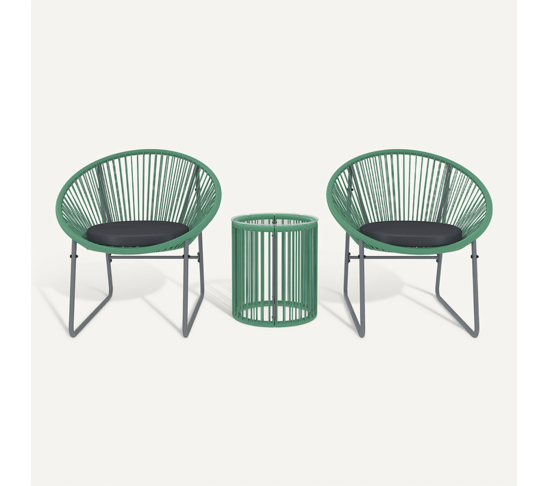 Salon De Jardin Rotin 3 Pièces 2 Fauteuils, Table, Coussins, Extérieur Imperméable , Vert