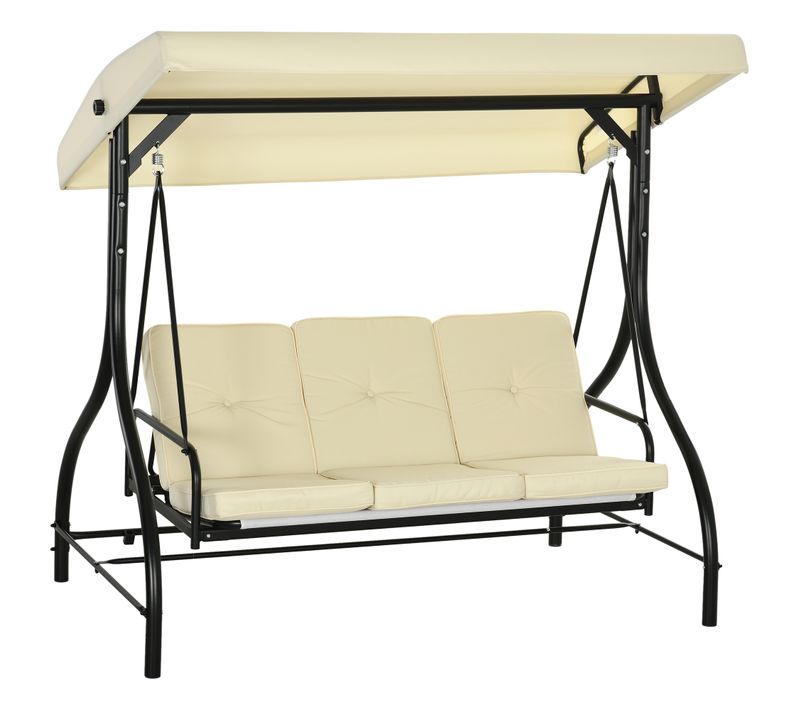 Balancelle 2-en-1 En Acier Avec Dossier Inclinable Et Toit Réglable, 3 Places, Beige