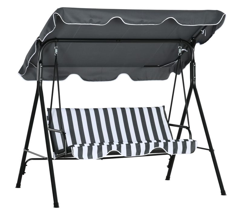 Balancelle 3 Places En Acier Avec Coussin Et Toit Réglable, 240 Kg Max, Gris/blanc