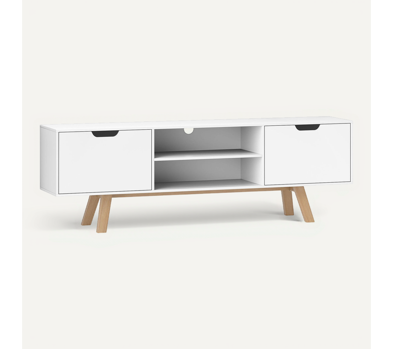 Meuble TV Bois 150x39x50 Cm 2 Placards 2 étagères, Pour Salon TV 65 Pouces, Blanc