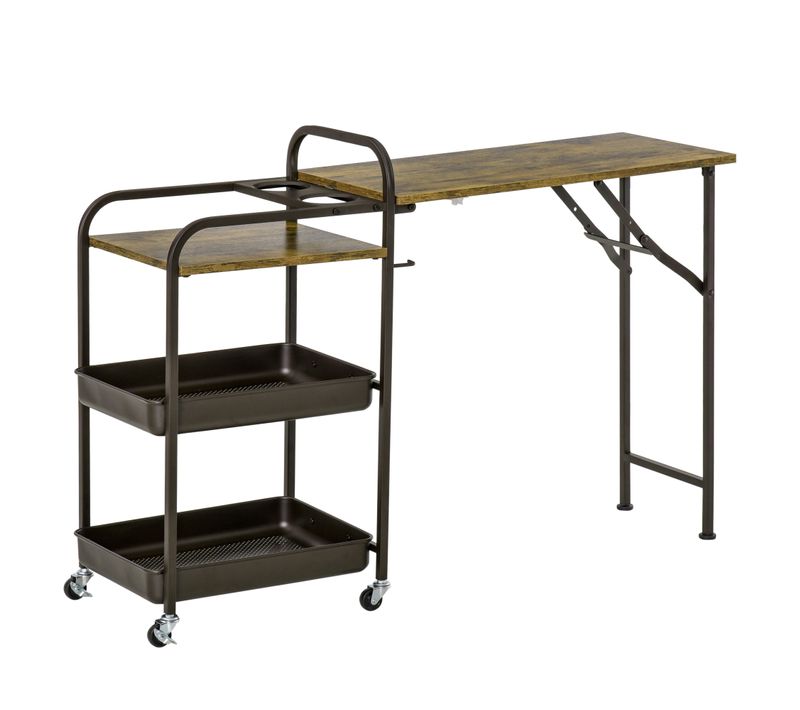 Chariot Pliable En Bois Et Acier Avec Table Rabattable, 2 Plateaux Et Roulettes