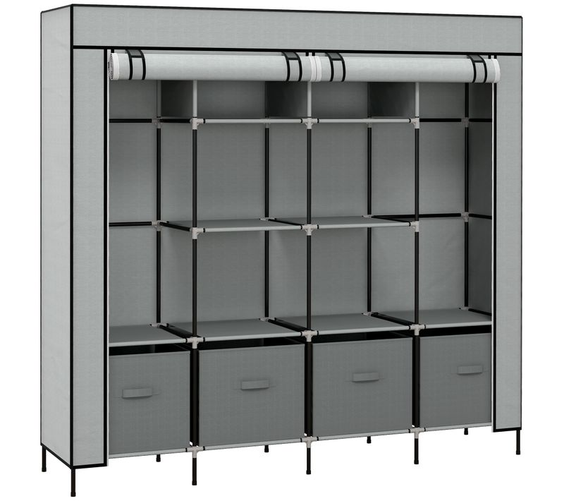Armoire En Tissu Avec Tringle à Vêtements 10 Compartiments 4 Tiroirs, Gris Foncé