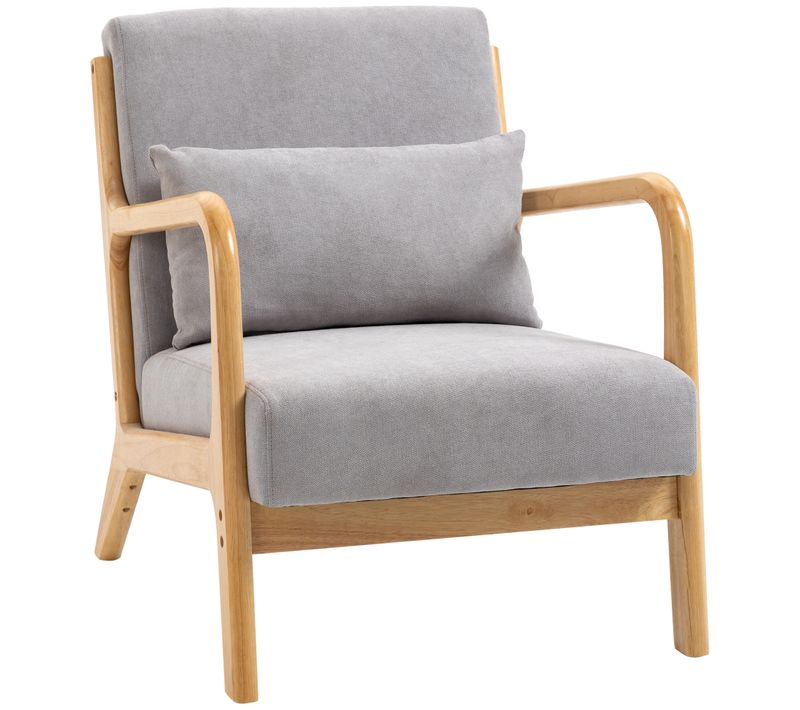 Fauteuil Lounge Gris, Tissu Velours, Accoudoirs, Coussin Lombaire, Cadre Bois, Ressorts