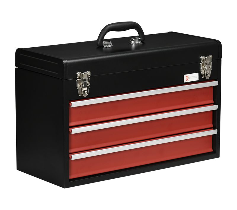 Coffre à Outils Acier Noir Rouge 3 Tiroirs Avec Poignée Serrure