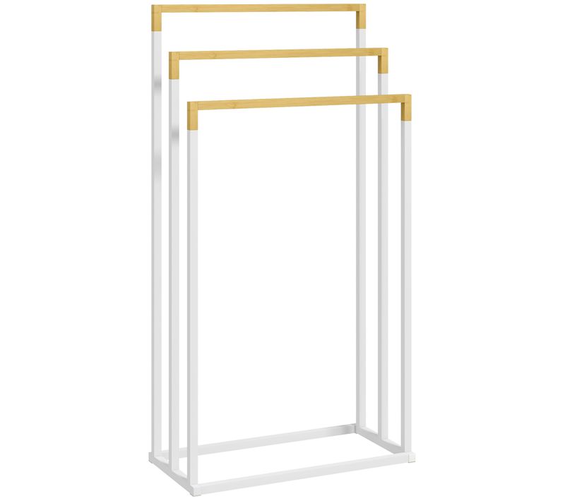 Porte-serviettes Freestanding En Acier Et Bambou Avec 3 Barres Pour Serviettes, Blanc