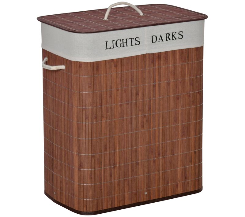 Panier à Linge 100l Bambou Coton Métal Avec 3 Poignées, Sac Amovible, Brun Et Blanc 52x32x63cm