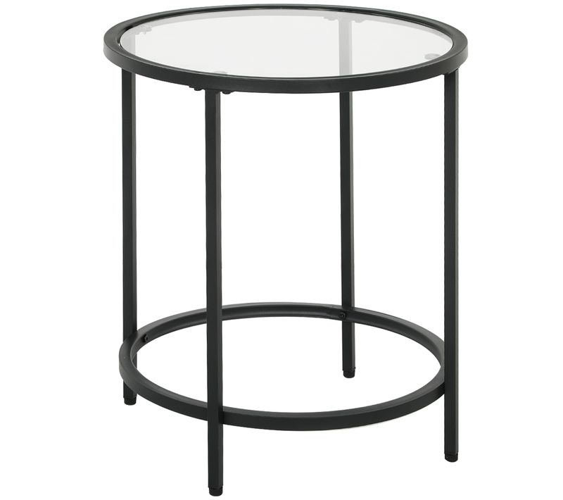 Table D’appoint Ronde Ø48×54,7 cm, Plateau En Verre, Cadre En Métal Noir, Salon Ou Chambre