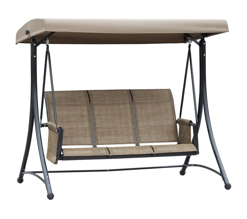 Balancelle 3 Places En Acier Avec Poche Latérale Et Toit Réglable, 300 Kg Max, Brun