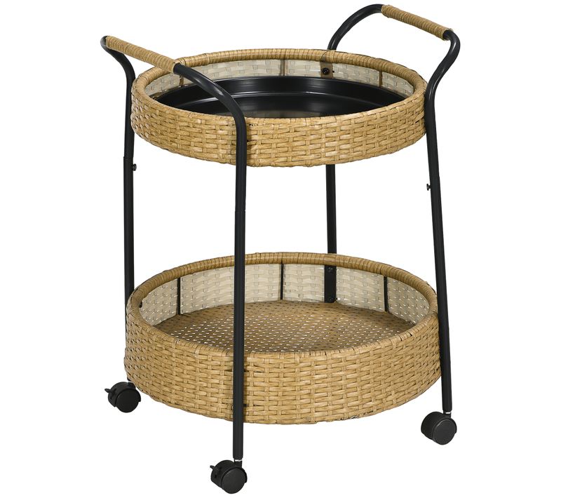 Chariot De Service Rond En Rotin Avec 2 étagères, Chariot De Jardin,avec Poignées, Nature 50 X 66 Cm