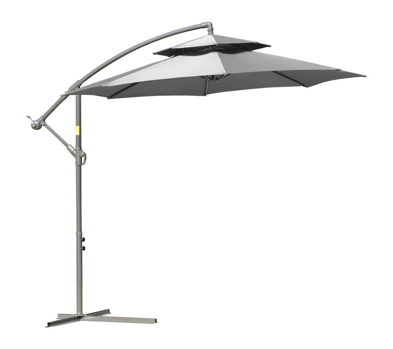 Parasol Déporté 2,67x2,45 M, Manivelle, Toit Double, Pied Croisé, Pour Jardin, Gris Clair