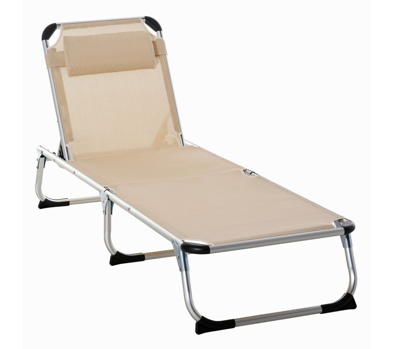 Transat En Aluminium 5 Positions Réglable Pliable Ergonomique, Tissu En Maille Beige 170x60x76cm