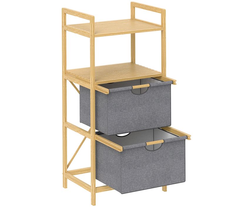 Panier à Linge 35,4 L En Bambou Et Tissu, Avec 2 Compartiments Ouverts, Pour Salle De Bain