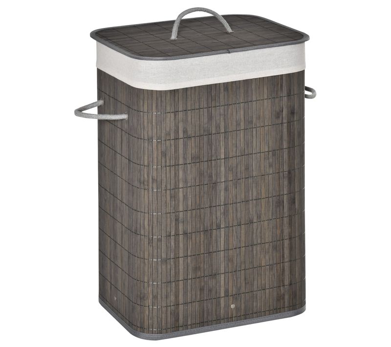 Panier à Linge En Bambou Avec Couvercle 83l, Sac à Linge Amovible, Poignées, Gris