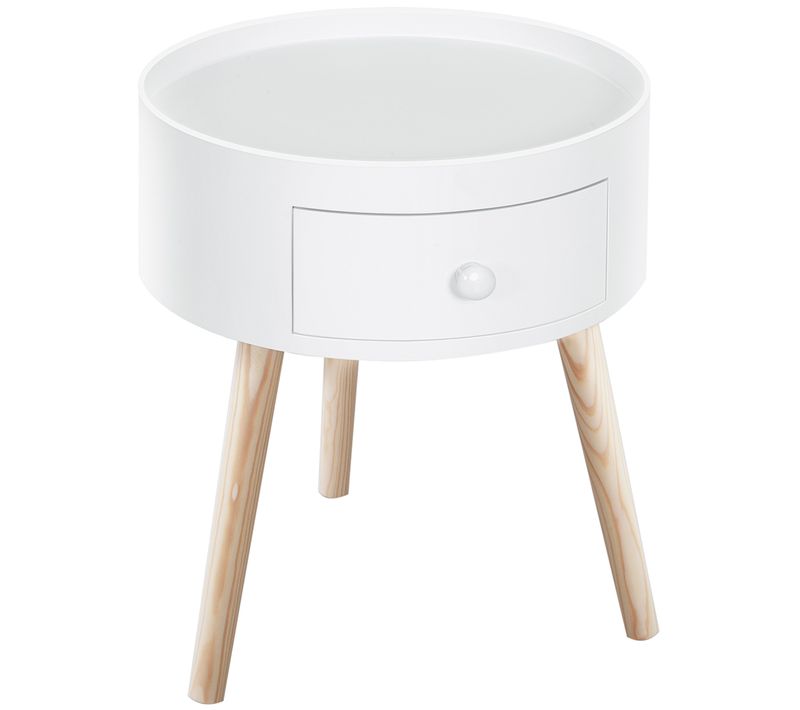 Table Basse Ronde Blanche Avec Tiroir, Ø38 cm, 50 kg Max, Chambre Ou Salon