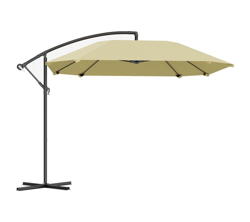 Parasol Déporté Alu 260 Cm, Étanche, Manivelle, Pied, Protection Contre Le Vent, Beige