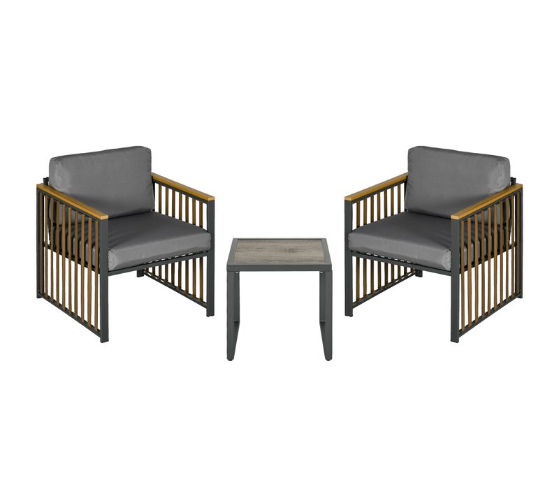 Salon Bistro Métal 3 Pièces 2 Fauteuils, Table, Coussins, Balcon Terrasse , Gris