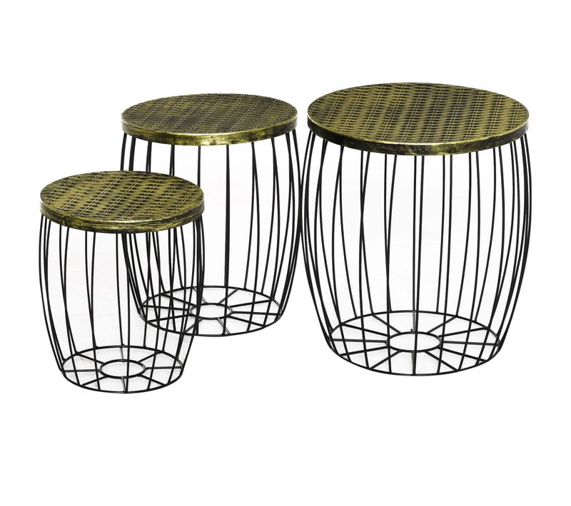 Ensemble De 3 Tables D'appoint En Métal Et Rotin, Style Rétro, Différentes Tailles, Noir Et Naturel