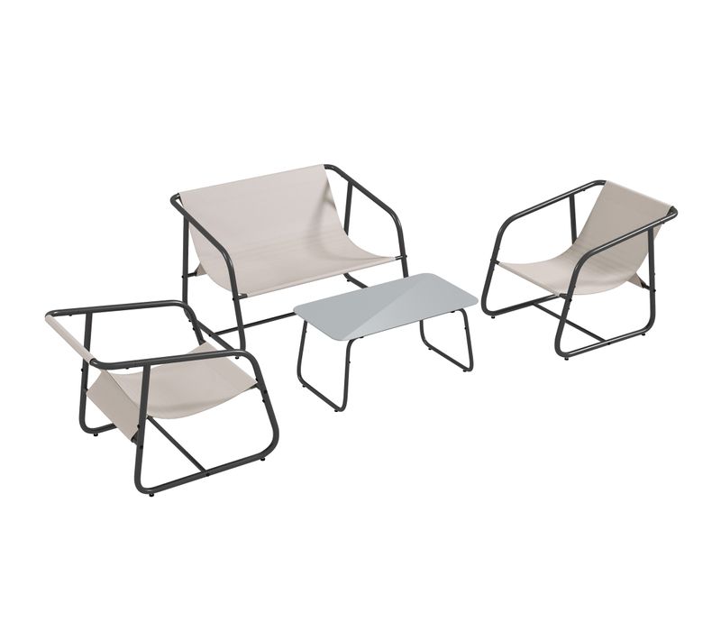 Ensemble Jardin 4 Pièces, 2 Fauteuils + Banc 2 Places + Table En Verre, Crème, Terrasse Balcon