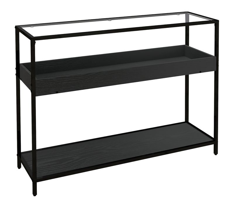Table Console En Acier Noir Avec 2 Étagères, Plateau En Verre, 100x30x78 Cm