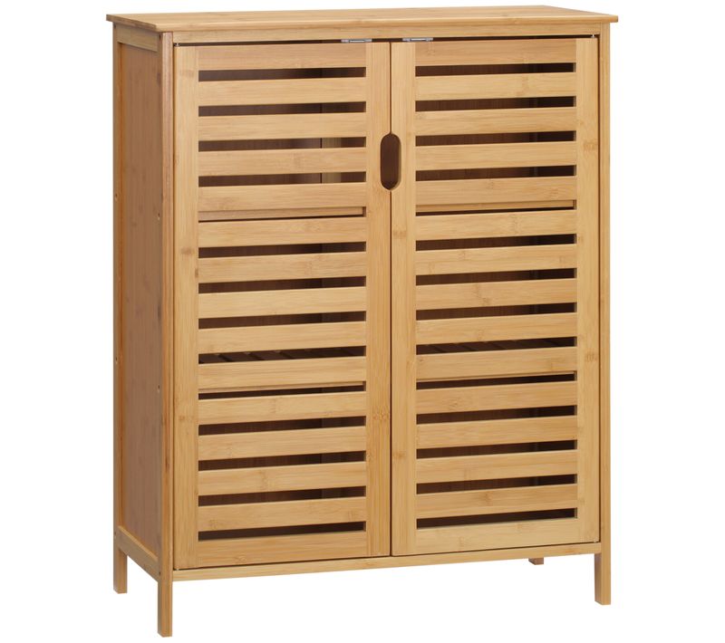 Meuble De Salle De Bain En Bambou Avec 2 Portes Lamellées Et 2 Étagères Intérieures, Naturel