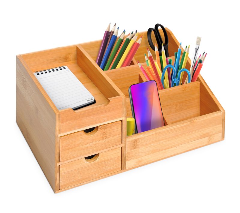 Organisateur De Bureau En Bois Avec 2 Tiroirs Pour Rangement, Naturel