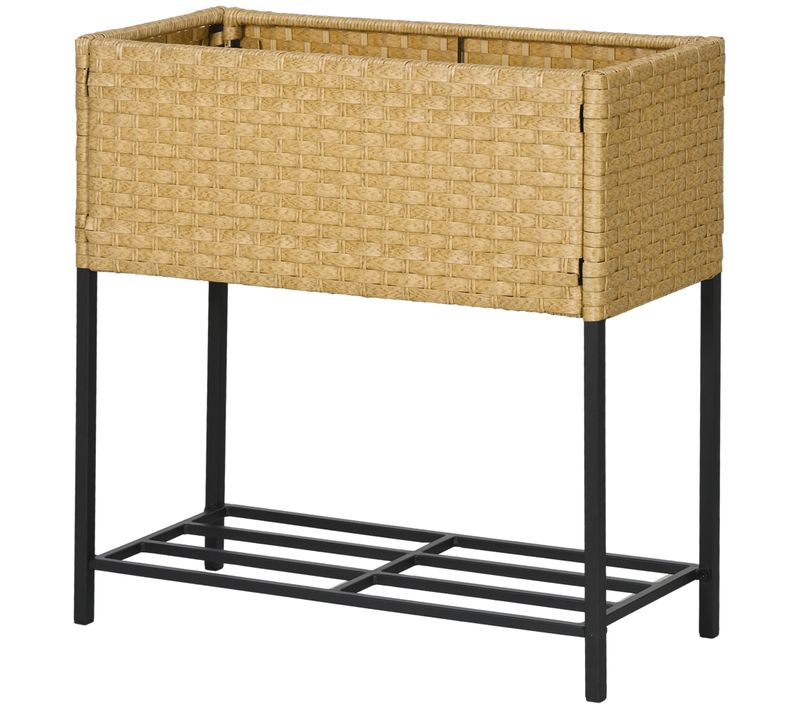 Bac à Fleurs En Poly Rattan Avec Pieds Et Étagère, Sable, 70 X 30 X 72 Cm