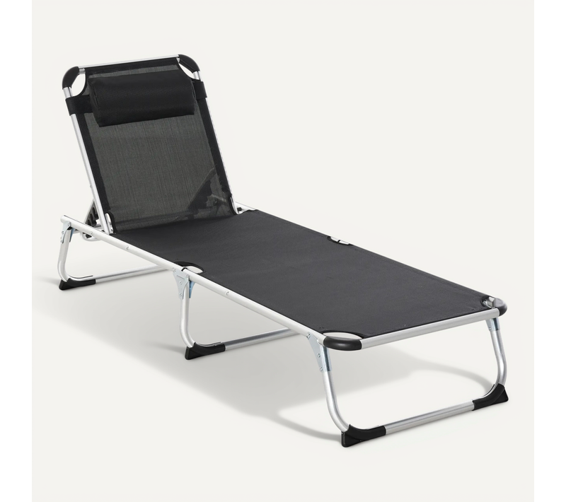 Chaise Longue Pliante En Filet, Réglable 5 Positions Ergonomique, Noire 170 X 60 X 76 Cm