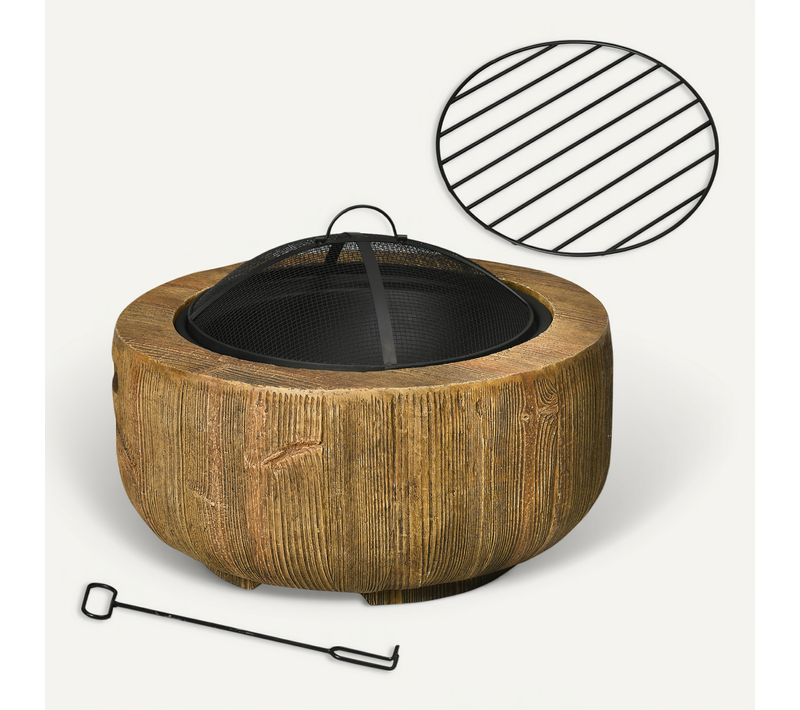 Foyer De Jardin En Acier Mgo Avec Couvercle Et Tisonnier, Design Bûche, Brun