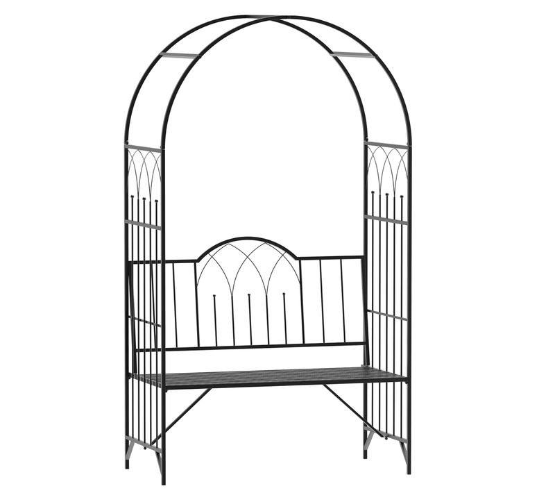 Banc Avec Arche En Métal Noir Pour Jardin Ou Terrasse, 121x50x203 Cm