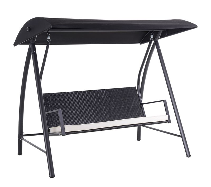 Balançoire De Jardin 3 Places En Métal Et Polyrattan Avec Toit, Noir 198x124x179 Cm
