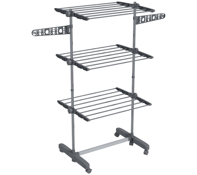 Sèche-linge Tour Acier Pliable Avec Roulettes 3 Niveaux Ailes Latérales, Gris