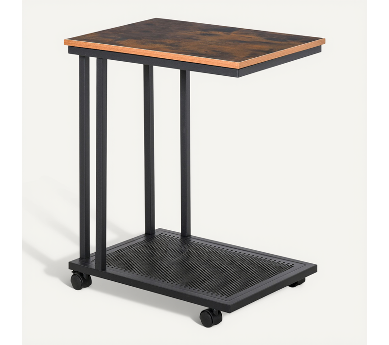 Table D'appoint C-forme Roulante, Chariot De Service En Bois Et Métal, Noir/walnut 51x36x65 Cm