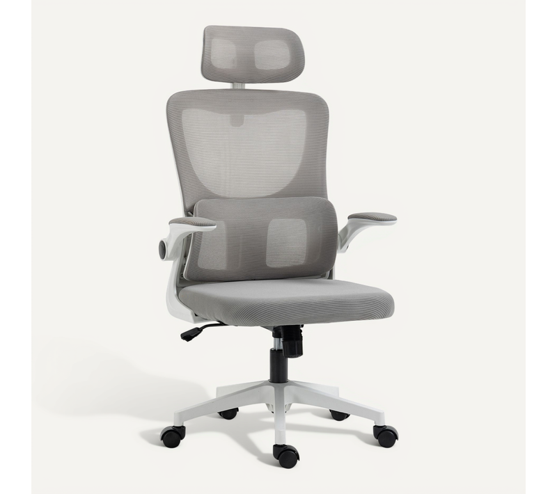 Chaise De Bureau En Maille, Ergonomique, Appui-tête, Accoudoirs, Bascule, Gris