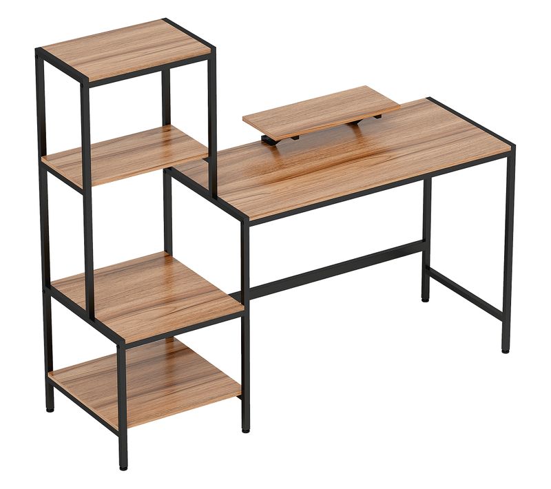 Bureau Moderne En Bois Avec Support Pour Moniteur, Support Cpu, Pour Imprimante, 4 Étagères, Brun