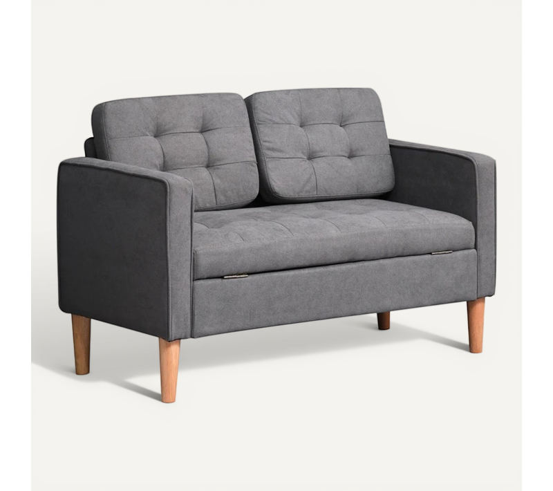 Canapé 2 Places En Tissu En Coton Et Bois De Caoutchouc Avec Coussins Amovibles, Gris