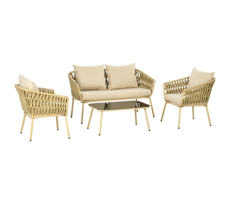 Salon De Jardin Rotin 4 Pièces Double Canapé, Fauteuils, Table Basse, Coussins , Kaki