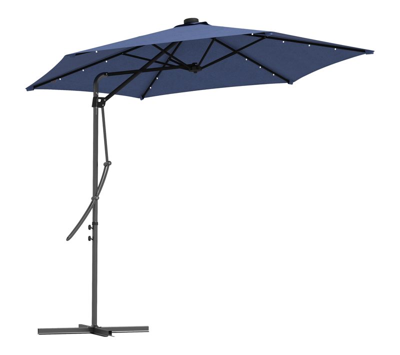 Parasol Déporté Avec LED, 290x260 Cm, Pied Croisé, Uv, Manivelle Et Housse, Bleu Foncé