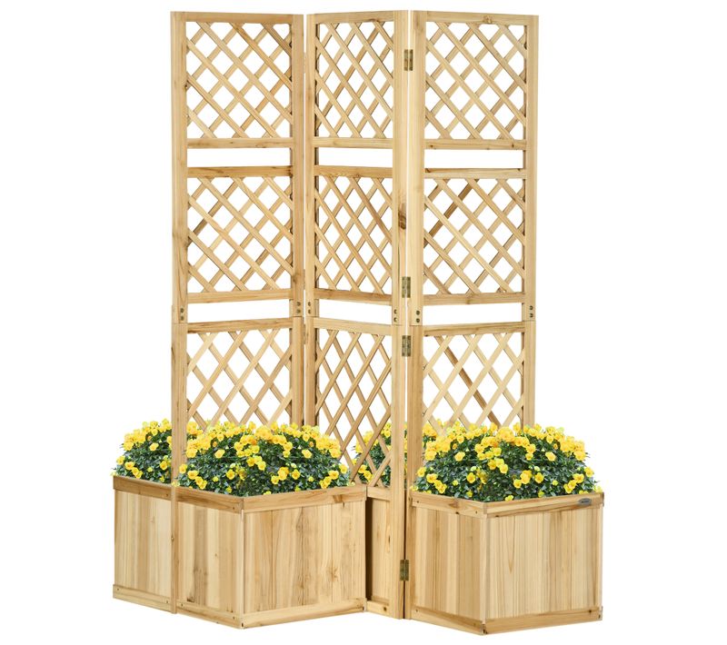 Paravent Jardin En Bois Weatherproof 3 Panneaux Avec 4 Jardinières, Couleur Naturelle