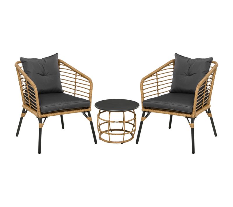 Salon Bistro Rotin 3 Pièces 2 Chaises, Table, Coussins Inclus, Mobilier Balcon , Sable/gris Foncé