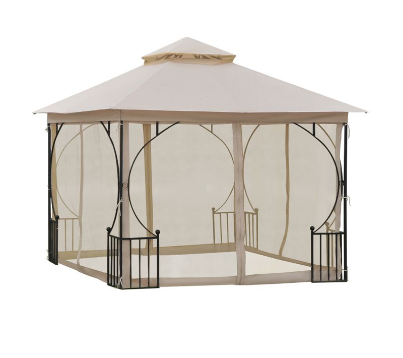 Tente De Jardin Polyester - 295x295x275 Cm Toit Double Moustiquaire 8 Oeillets ,beige Et Noir