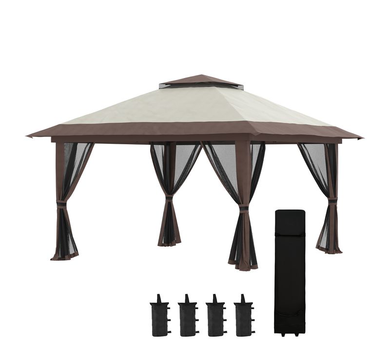 Pergola 4x4m Aluminium Réglable Avec Protection Uv Et Rideaux En Filet, Beige