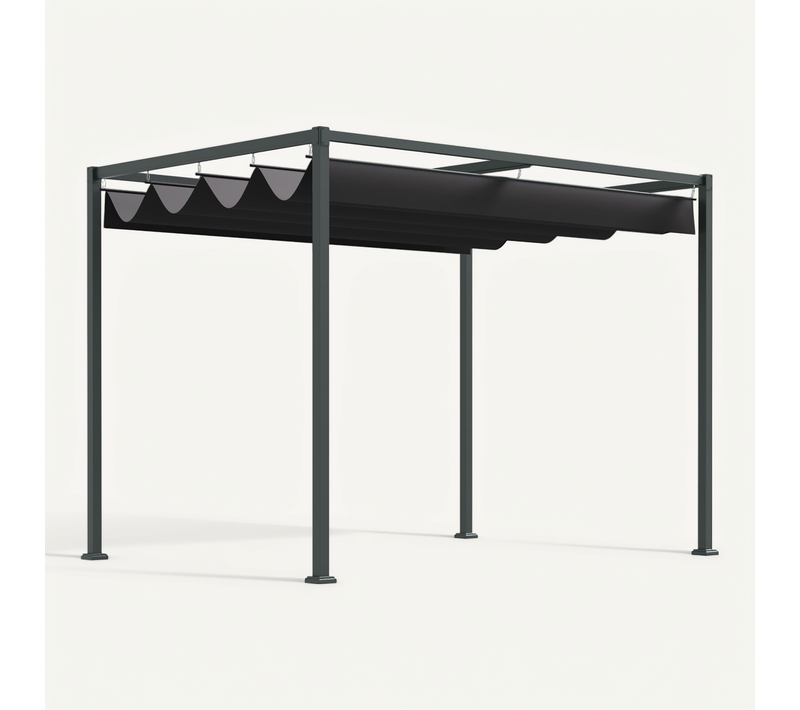 Pavillon En Pergola En Polyester Noir Et Gris Avec Toit Coulissant 298x213x221cm Pour Jardin