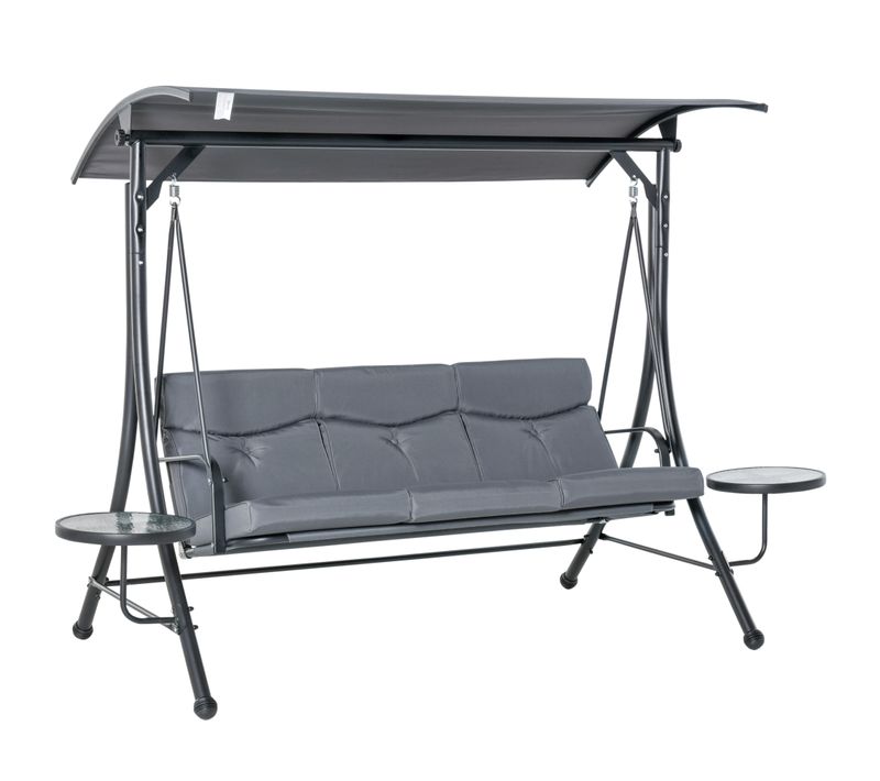 Balançoire De Jardin 3 Places En Acier Et Polyester Avec Toit Réglable, Gris Et Noir