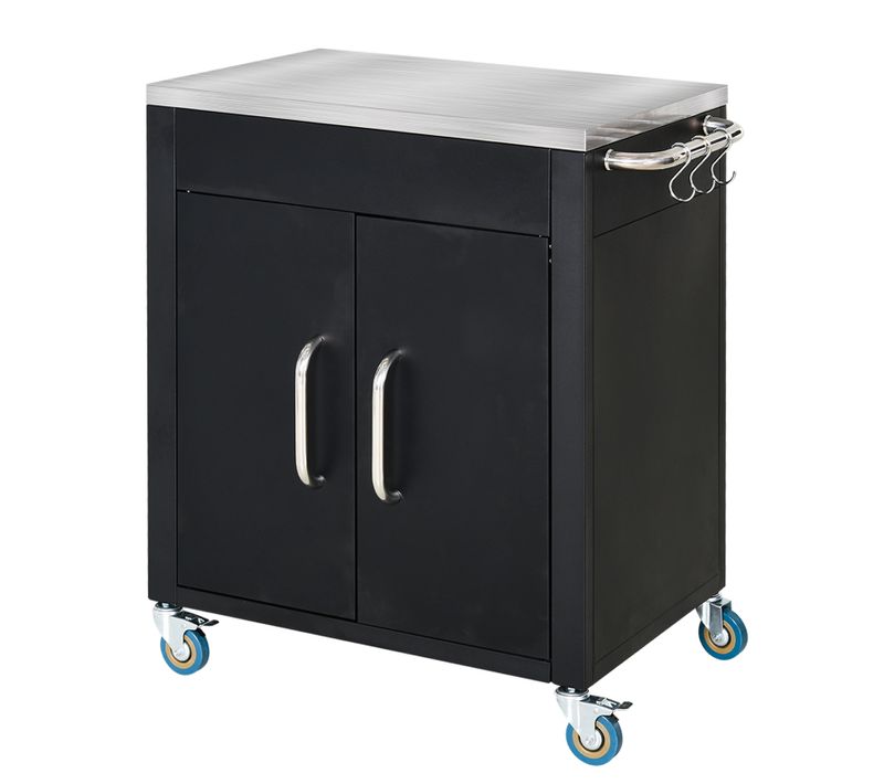 Chariot De Cuisine Avec Roulettes, Crochets Et Placard, Poignées Inox, Noir